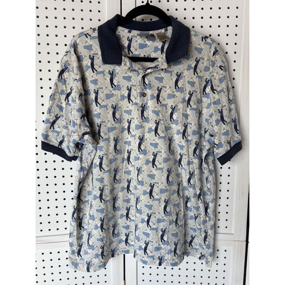 Men's L Large FARAH Short Sleeve Golf Polo Golfer Swing Print‎ Cotton